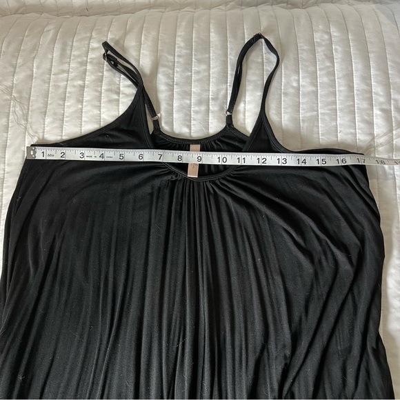 Loose Fit Black Romper Jumpsuit w/ Spaghetti straps and asymmetrical hemline - Picture 8 of 9